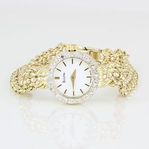 Vintage 14K Yellow Gold & Diamond Bulova Ladies Rope & Bead Bracelet Watch